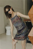 Tie Dye Vintage Drawstring Dress Women Backless Spaghetti Strap Slip Dress 2020 Summer Fashion Designer
