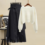 Women Winter Patchwork Long Sleeve Knitted Tops + Asymmetric Skirt 2 Piece Suit Female Party Elegant Two Piece