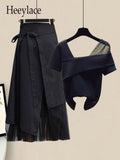 Women Summer Sets Mesh Patchwork Slash Neck Tops + Asymmetric Skirt 2 Piece Sets Female Party Suits Elegant Casual Two Piece