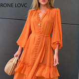 Women Ruffles Frill Hem Lantern Sleeve Button Front Dress Casual Dress Summer