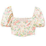 Sweet Square Collar Floral Print High Waist Belly Button Exposed Summer Blouse Women 2022 Casual Short Sleeve Slim Crop