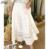 2022 Summer Fashion Boho White Lace Hollow Out Maxi Long Skirt Women High Waist A Line Pleated Skirt