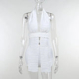 Sexy Solid White Deep V-neck Halter Bandage 2 Pieces Sets 2022 Summer Sleeveless Backless Chic Suits Outfits with