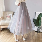 Tulle Skirts Women High Waist Mesh Pleated Midi Skirt Korean Fashion Female Elegant Loose Casual All Match A Line