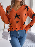 Autumn And Winter Casual V-Neck Star Cut Long-Sleeved Knitted Sweater Women's