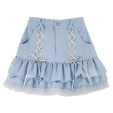 Kawaii Mini Skirt Women Summer Casual Designer Elegant Lolita Sexy Skirt High Waist Lace Bandage Y2k Sweet