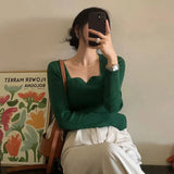 Knitted Pullovers Women Vintage Solid Sweaters Korean Elegant Slim Knitwear Autumn Winter Square Collar All Match