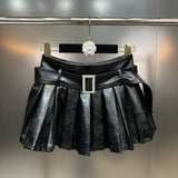2022 Winter New Arrival High Waist Diamonds Buckle Belt Black Pu Short Pleated Skirt Women