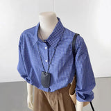 Class Recommendation! Really Good ~ Korean Version Of The Blue Plaid Shirt Women's Loose Collar