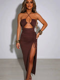 Halter Hollow Out Drawstring Long Dress Women Fashion Sleeveless Backless High Split Elegant Ruched Dress