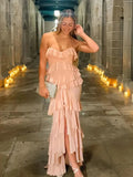 Pink Layered Ruffles Strapless Maxi Dress- Outfit