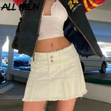 2000s Aesthetics Low Rise Distressed Hem Mini Skirts Cute Fashion Button Up A-line White Denim Pleated Skirt Autumn