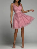 Women Sleeveless Sequin Club Party Dresses Summer New Elegant Solid V-Neck Sling Mini A-Line Dress Ladies Chic Waist