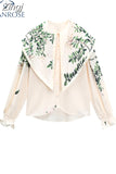 Style Fashion Women Botany Print Shirt Doll Collar Casual Long-Sleeved Women 2023 Autumn New Blouses Chiffon