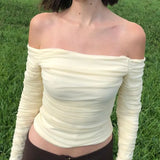 Zingj New Hot Selling Sexy Shoulder Slim Mesh Horn Sleeve Long Sleeve Crop