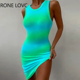 Women Elegant Tank Sleeveless Gradient Color Midi Sexy Bodycon Casual