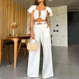 Elegant Solid Women Two Piece Set With Pants Deep V Square Collar Sexy Short Top Wide Leg Pants Suit Office Lady