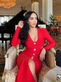 Winter Long Sleeve Maxi Bandage Dress Sexy White V-Neck Hollow Out Diamond Button Dress Evening Club Celebrity Party