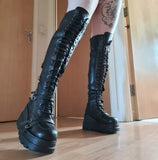 chunky platform pu Leather Knee High Boots Women Retro Punk Height Increasing long boots Woman Lace Up Booties Mujer