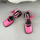 Women's Red Sandals 2023 Summer Square Toe Shoes Women's Buckle Solid Color Newest Wedding Party High Heels