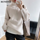 Autumn Winter Zipper Turtleneck Sweaters Women Casual Thick Long Pullover Jumpers Female Loose Knitting Tops