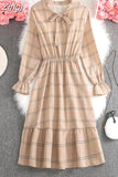 Women Casual Spring Autumn Dress Korean Style Vintage Floral Printed Shirt Dress Long Sleeve Elegant Bow Midi Summer