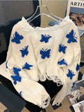Korean Fashion Graphic Knitted Sweater Woman Harajuku Oversized Pullovers Cropped Tops Off Shoulder Casual Loose