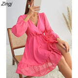 Solid Jacquard Ruffle Full Sleeve Dresses for Women's Fall Dress Deep V-Neck Solid Color High Waist Skinny Mini