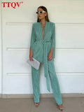 Fashion Green Pleated Two Piece Sets Womens Outifits Autumn Long Sleeve Lace-up Blazer With High Waisted Slit Pants