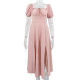 Pink Dress Woman Clothes Summer Halter Square Collar High Waist Tunics Split Mid-calf Puff Sleeve Evening Party