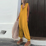 Button Sleeveless Beach Romper Simple Solid Cross-pants Lady Playsuit Women Casual Loose Hooded Jumpsuit Summer