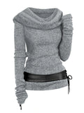 Cowl Front Lace Up Belted Sweater Spring Tops Tee For Women Solid Black Green Light Gray