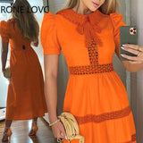 Women Elegant Bow Solid turn down collar Short Puff Sleeves A-line hollow out Midi Formal