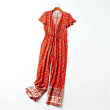 Queens Women Floral Print Lace-up Boho Bodysuits Elastic Waist Short Sleeve V-neck Bohemian Rayon Playsuits