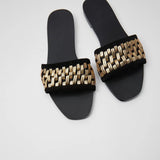 ZARZ Slippers Woman 2022 Flat Shoes Spring Summer New Sexy Fashion Golden Weave Square Toe Flat-Heeled Beach Sandals For