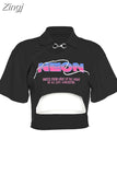 Printed T Shirt Women 2023 Summer Casual Vintage Fashion Y2k Polo-Neck Crop Top Female Streetwear Short Sleeve Slim