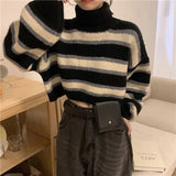 Sweater Women Sexy Cropped Turtleneck Striped Pullovers Streetwear Korean Loose Long Sleeve Knitted Sweater Chic Lady