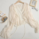 Ruffles Chiffon Sun Protection Shirt Women Solid Lace Up Flare Sleeve Sunscreen Blouses Cardigan Loose Casual Thin