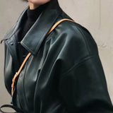 Autumn Long Black Cool PU Leather Trench Coat for Women Belt Single Breasted Loose Korean Fashion Wholesale Clothes