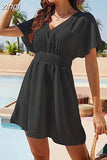 Mini Dress Women White Beach Dress Female Sexy V Neck Pleaseted Dress Ladies Solid Loose Sunscreen Summer Short