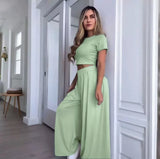 Summer Women's Round Neck Solid Color Sexy Wide Leg Pants Fashion Casual Suit