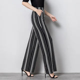 Women Striped Long Trousers Pockets Korean Style High Waist Womens All-match Elastic Simple Female Loose Large Size