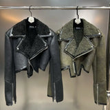 2022 Winter New Collection Turn Down Collar Zippers Sleeve Cuff Faux Fur Leather Jacket Women Irregular Coat