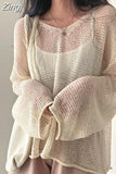 Out Korean Irregular Sunscreen Knitted Tops Women Loose Y2k Long Sleeve Pullover Sweaters Summer Thin Sheer Sueter