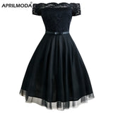 Women Vintage Lace Dress Red Black Green Slash Neck Tulle Midi Chic Retro Gothic 50s Jurken Swing Party