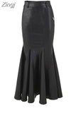 Spring Autumn Chic Stylish Black Soft Pu Leather Midi Mermaid Skirt Women High Waist Long Luxury Designer Clothes