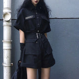 Black Jumpsuit Overalls Women Playsuit Gothic Y2k Shorts Sets Short Sleeve Outfit Harajuku Vintage Trouser Suits