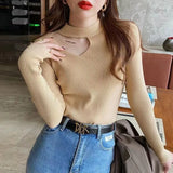Winter Half High Collar Sexy Hollow Out Slim Sweater Top Women Solid Simple Bottoming Pullover Ladies All-match