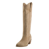 Onlymaker Women White Knee High Boots Western Cowboy Boots Wide Calf Embroidered Pointed Toe Block Heel Pull-On Cowgirl