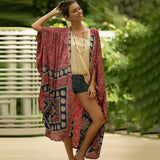 Brown Retro Printed Batwing Sleeve Front Open Kimono Plus Size Women Clothing Casual Long Tops and Blouses Shirts